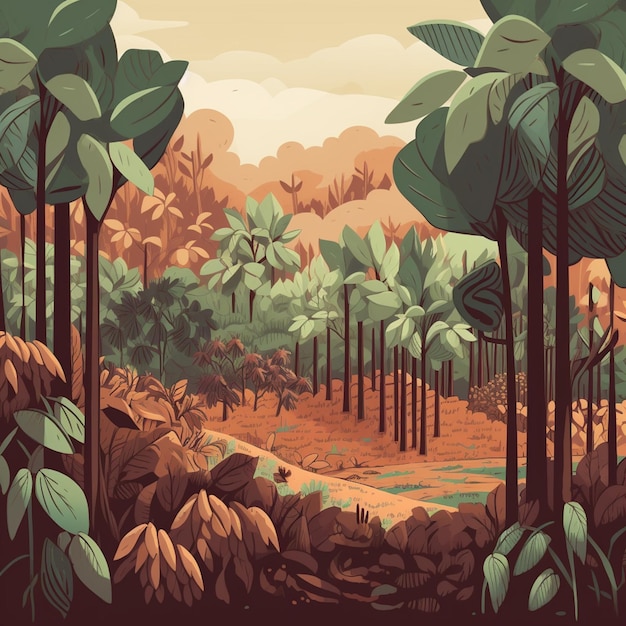 Een cartoonillustratie van een bos met een bos op de achtergrond.