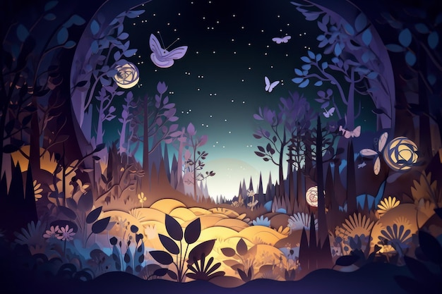 Een cartoonillustratie van een bos met een bosscène en vlinders ter plaatse.