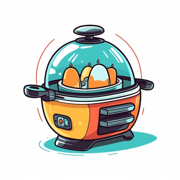 Een cartoonillustratie van een crockpot met een geel deksel waarop staat 'eieren koken'