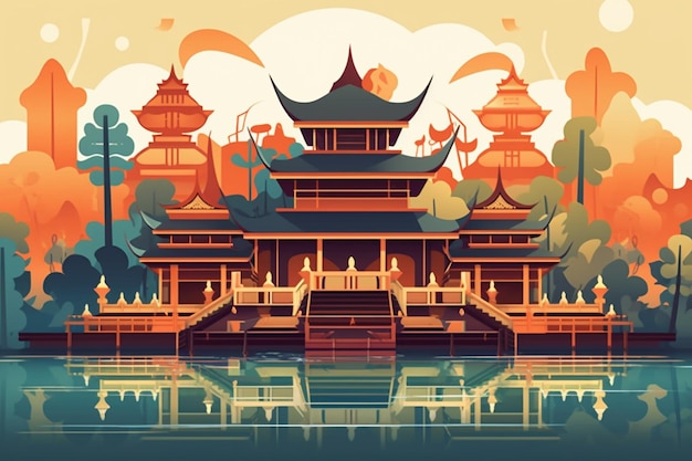 Een cartoonillustratie van een gebouw met een pagode op het water.