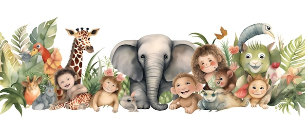 Een cartoonillustratie van een groep dieren, waaronder een baby en een baby.