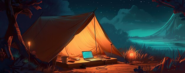 Een cartoonillustratie van een kampeertent in de buurt van een bosmeer bij zonsondergang buitenverkenningsreizen