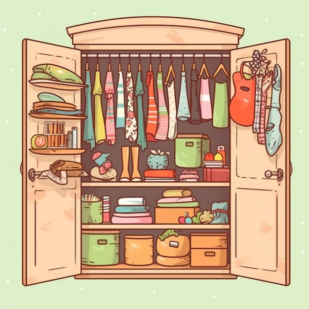 Een cartoonillustratie van een kast met kleding en andere items generatieve ai