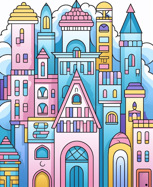 een cartoonillustratie van een kasteel met een generatieve ai op de hemelachtergrond