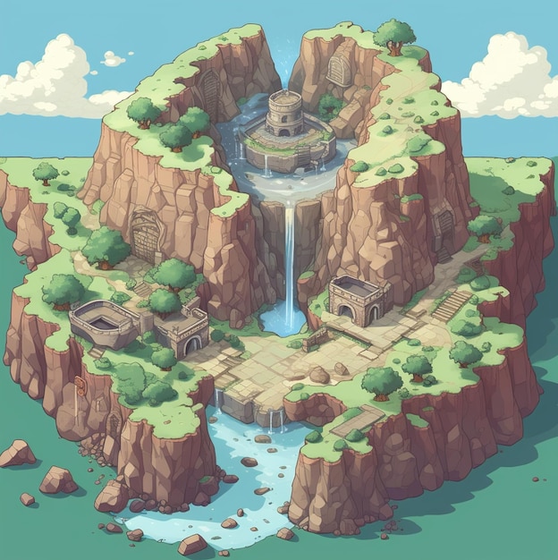 een cartoonillustratie van een kasteel met een waterval en een waterval.