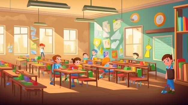Een cartoonillustratie van een klaslokaal met een jongen in een rood shirt die aan een bureau zit met veel kinderen erin.