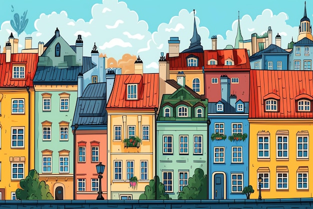 Een cartoonillustratie van een kleurrijke oude stad met een blauwe lucht en een paar kleine huisjes