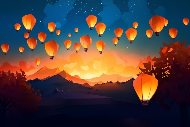 Een cartoonillustratie van een lucht vol oranje lantaarns die over bergen vliegen en de zon schijnt.