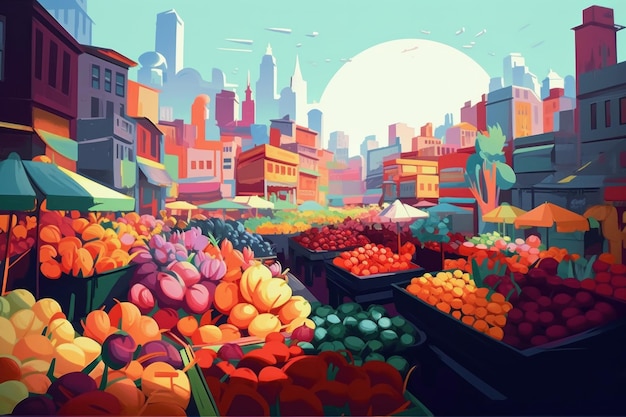 Een cartoonillustratie van een markt met een stadsgezicht op de achtergrond.