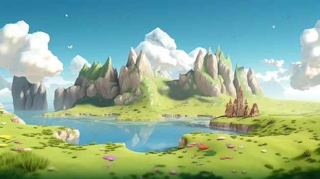 Een cartoonillustratie van een meer met een kasteel en de woorden quot summer quot erop