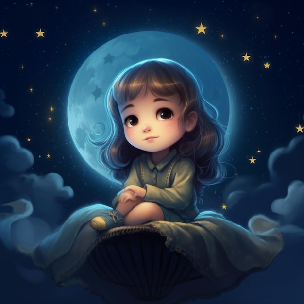 Een cartoonillustratie van een meisje dat op een wolk zit met de maan op de achtergrond.