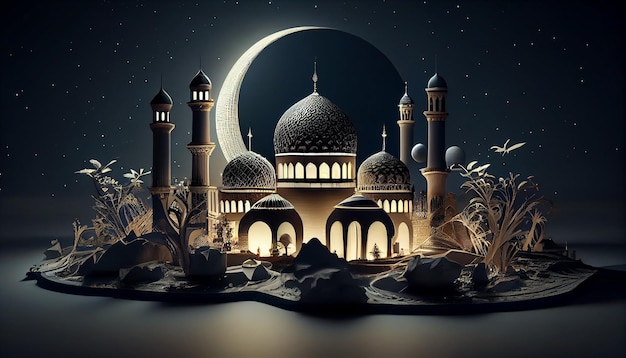 Een cartoonillustratie van een moskee met een maan en sterren