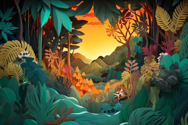 Een cartoonillustratie van een oerwoudscène met een berg op de achtergrond.