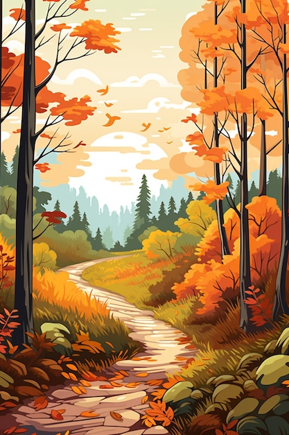 Een cartoonillustratie van een pad in een bos met bomen en bladeren generatieve ai