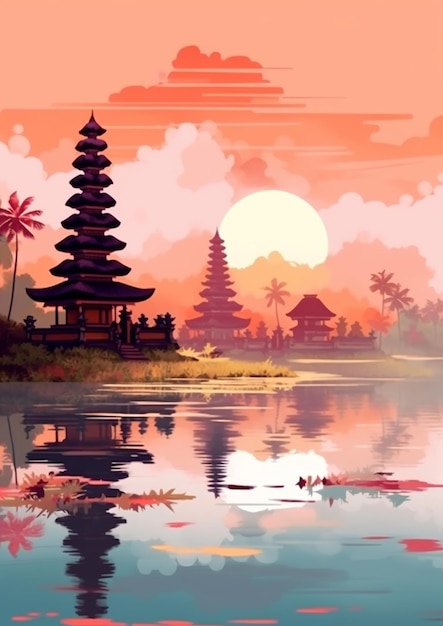 Een cartoonillustratie van een pagode op een meer met waterlelies generatieve ai