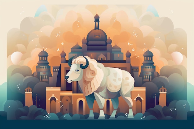 Een cartoonillustratie van een ram voor een kasteel