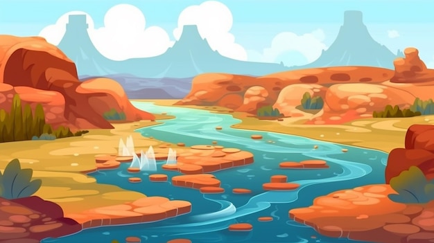 Een cartoonillustratie van een rivier die door een woestijnlandschap generatieve ai stroomt