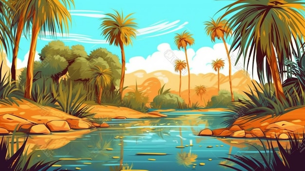 Foto een cartoonillustratie van een rivier omringd door palmbomen en rotsen generatieve ai