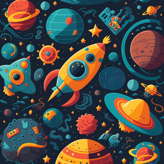Een cartoonillustratie van een ruimteschip en planeten
