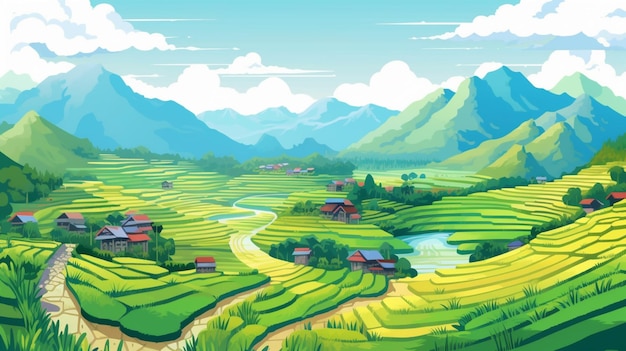 Een cartoonillustratie van een schilderachtig landschap met een rivier en huizen generatieve ai