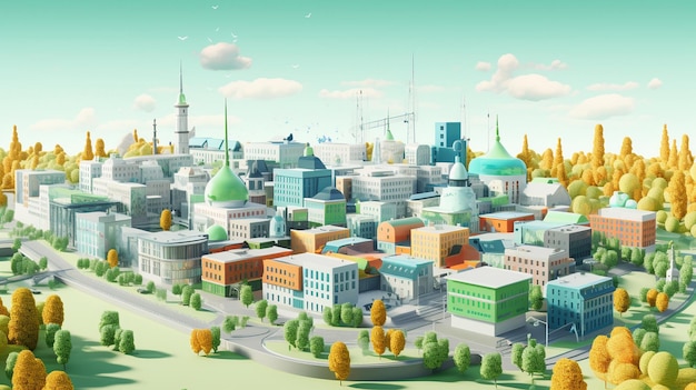 een cartoonillustratie van een stad met een gebouw op de achtergrond.