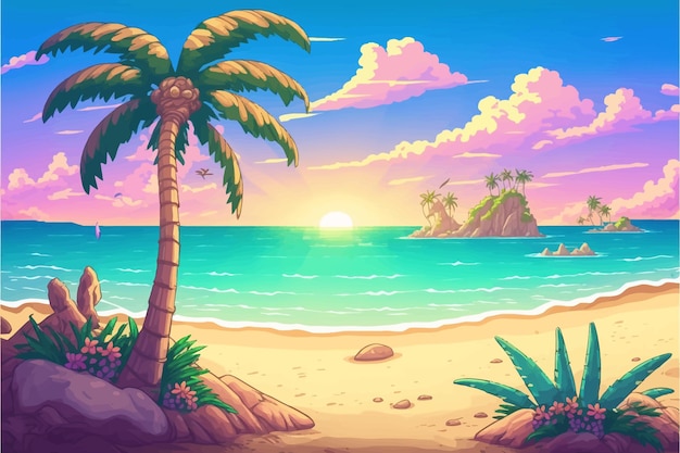 Een cartoonillustratie van een strand met palmbomen en de oceaan op de achtergrond.