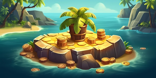 Een cartoonillustratie van een tropisch eiland met palmbomen en een gouden muntpot erop.