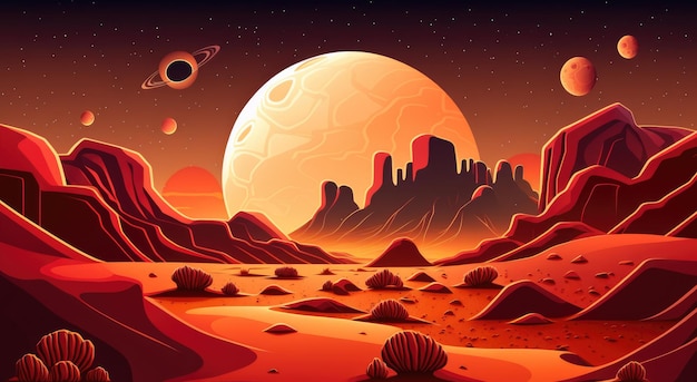 Een cartoonillustratie van een woestijnlandschap met bergen en planeten.