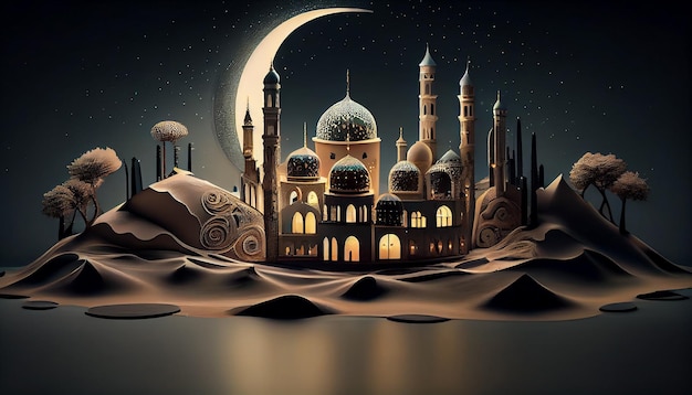 Een cartoonillustratie van een woestijnscène met een moskee en een maan