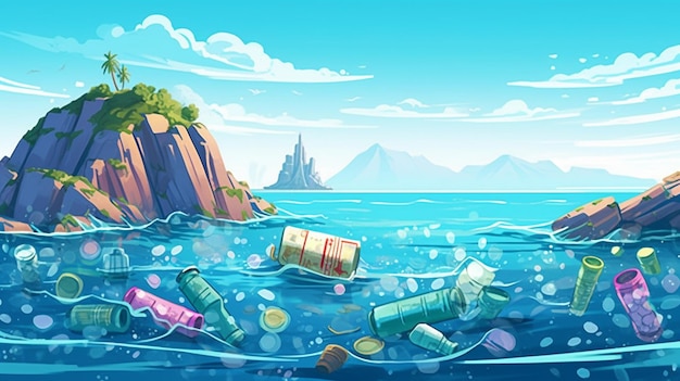 Een cartoonillustratie van een zeescène met plastic flessen en afval dat in het water drijft generatieve ai