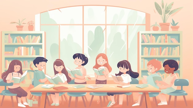 een cartoonillustratie van kinderen die boeken lezen in een klaslokaal.