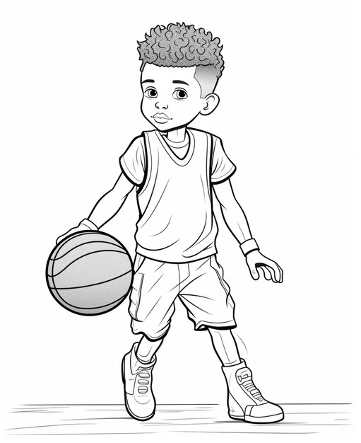 een cartoonjongen met een basketbalbal die loopt en glimlacht generatieve ai