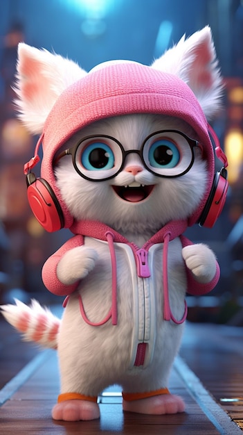 Een cartoonkat met een roze hoodie en een bril met het woord kat erop.