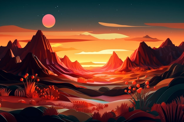 Een cartoonlandschap met bergen en een zonsondergang.