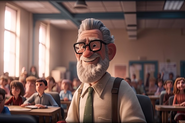 Een cartoonleraar op de achtergrond van een klaslokaal voor de dag van de leraar