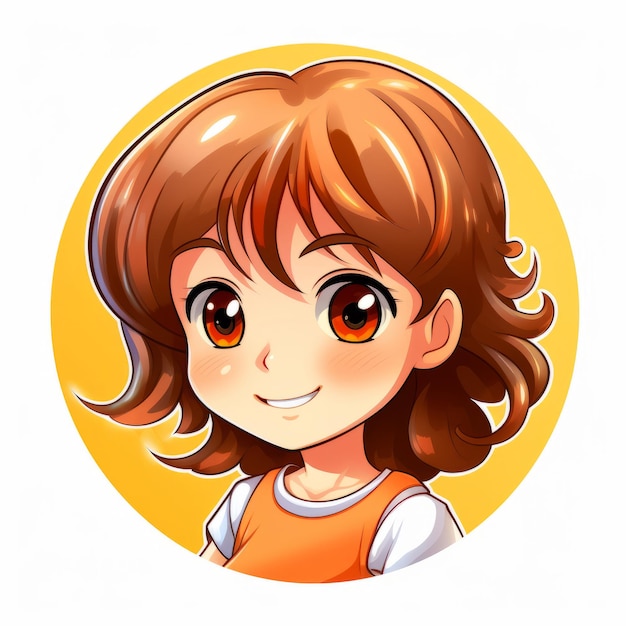 een cartoonmeisje met bruin haar en een oranje shirt