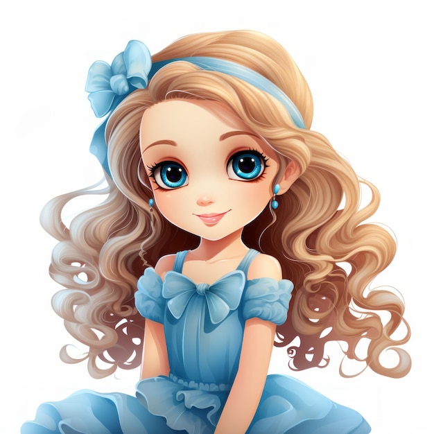 een cartoonmeisje met lang haar en blauwe ogen