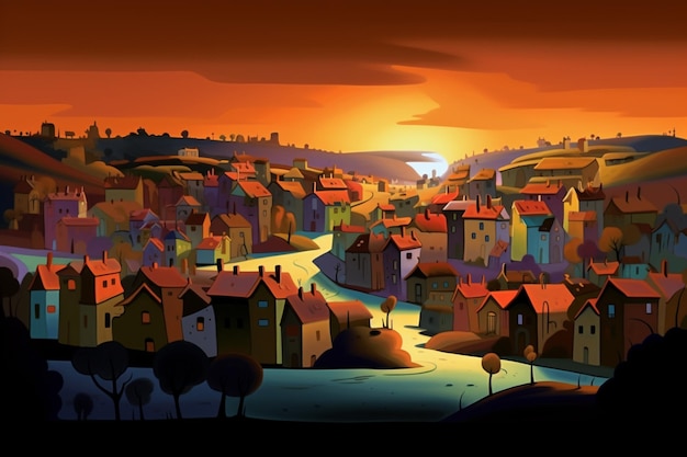 Een cartoonscène van een stad met een zonsondergang op de achtergrond.