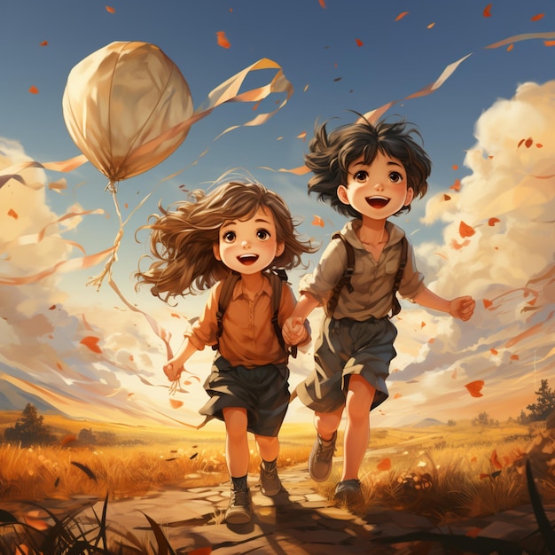 Een cartoontekening van drie kinderen die met een vlieger in de lucht spelen