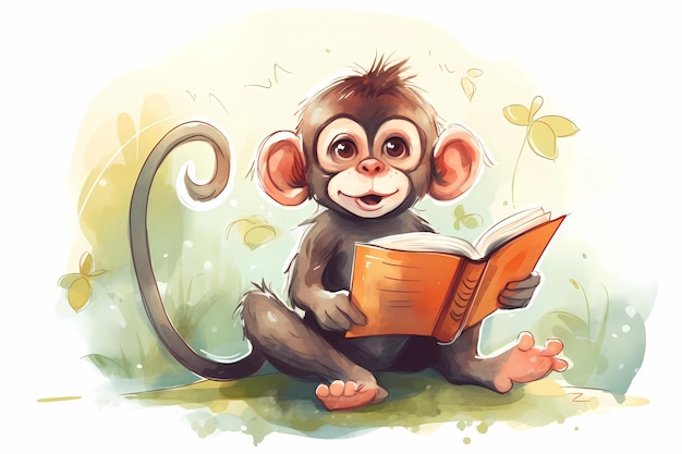 Een cartoontekening van een aap die een boek leest