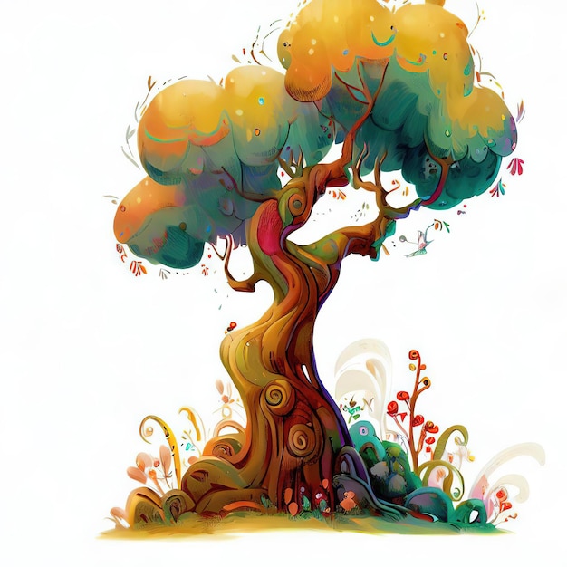Een cartoontekening van een boom met een kleurrijk ontwerp erop.