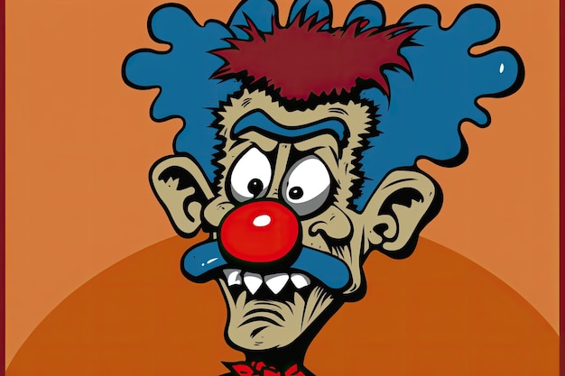 Foto een cartoontekening van een clown met rood haar en een rode neus.