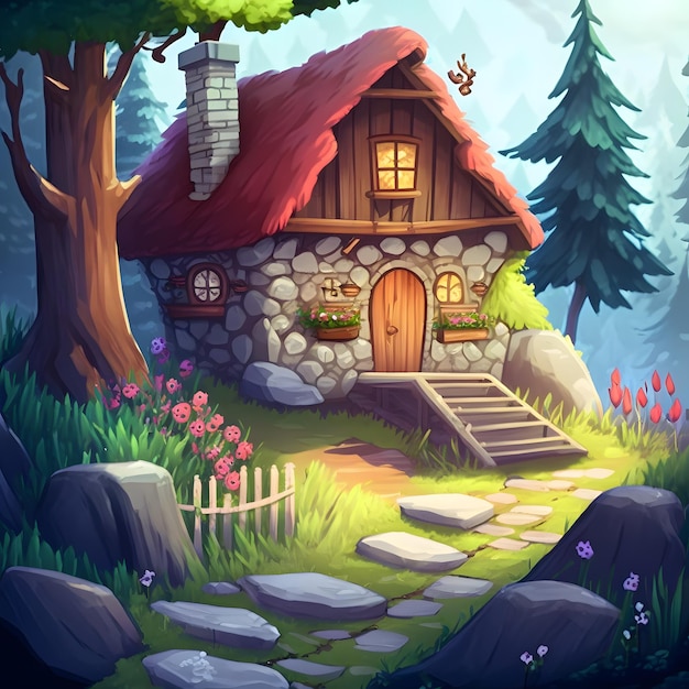 Een cartoontekening van een huis met een rieten dak en een stenen pad dat naar een bos leidt
