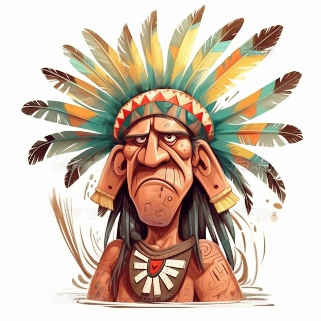een cartoontekening van een Indiaanse man met veren op zijn hoofd generatieve ai