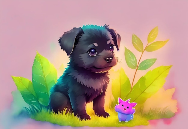 Een cartoontekening van een puppy met blauwe ogen zit in het gras.