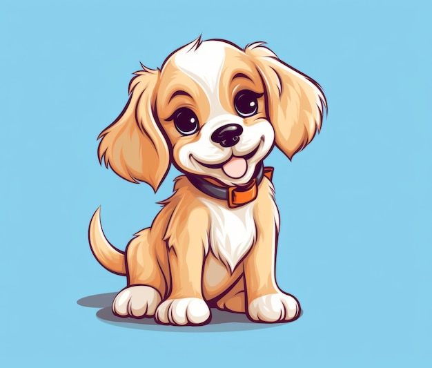 Een cartoontekening van een puppy met een halsband waarop 'gelukkige hond' staat