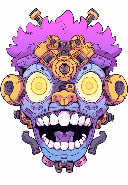 een cartoontekening van een robot met paars haar en gele ogen generatieve ai