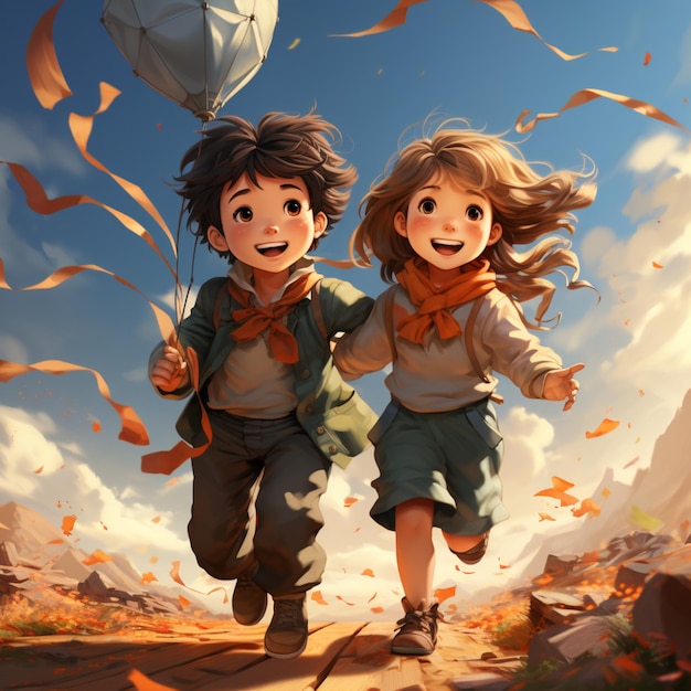 Een cartoontekening van twee kinderen die met een vlieger spelen