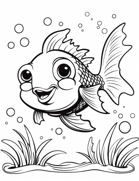 een cartoonvis die in het water zwemt met bubbels generatieve ai