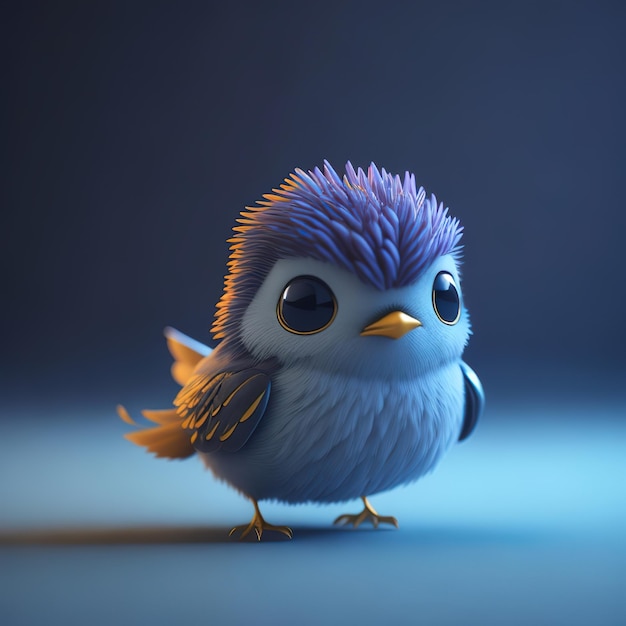 Een cartoonvogel met een blauwe achtergrond en een paarse achtergrond.